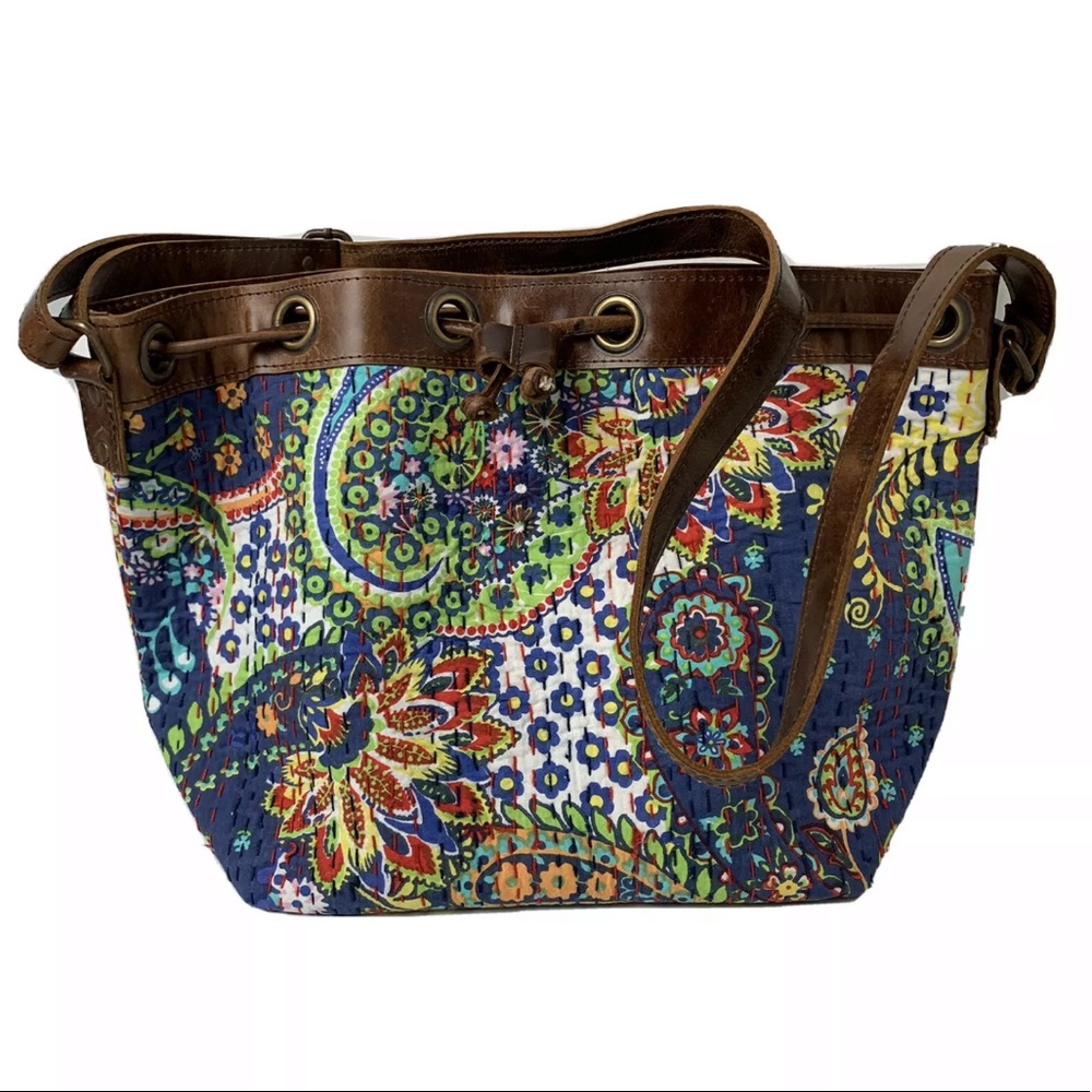 KANTHA Embroidery Drawstring Bag Leather Trim